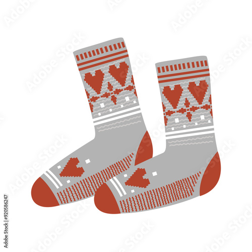 Fairy woolen knitted socks with hearts and snow ornament, cozy Xmas and Winter symbol. Christmas stockings, vector illustration