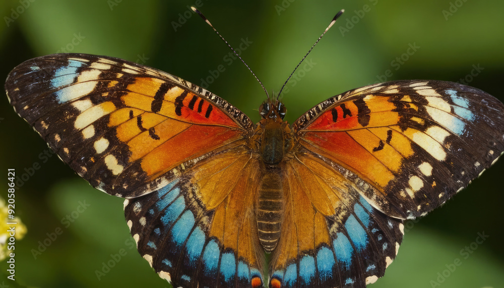 Fototapeta premium A colorful butterfly with orange and blue wings rests on a delicate flower, surrounded by greenery in a vibrant garden under bright sunlight.
