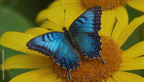 A striking image of a colorful butterfly with bright blue wings, gracefully perched on a vibrant yellow flower, showcasing the delicate and intricate beauty of nature up close in a meadow. photo