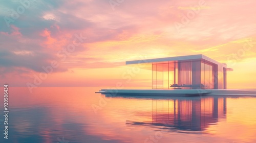 Abstract futuristic glass house on the water, sunset sky background.