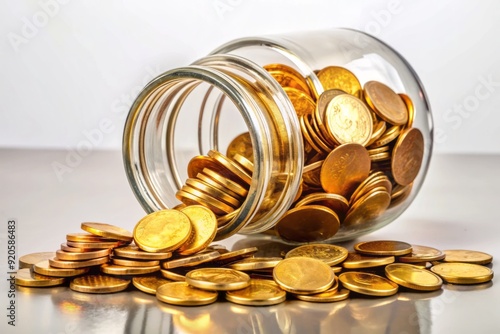 A transparent glass jar filled with shiny golden coins, surrounded by a few loose coins spilling out, against a soft, creamy white background. photo