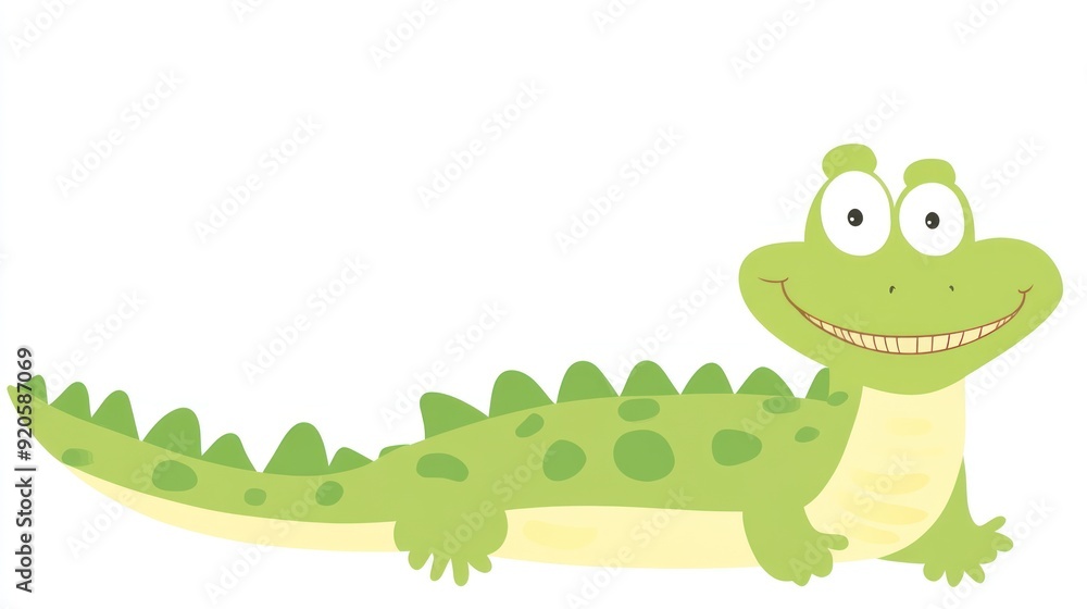 Obraz premium Green crocodile with big eyes and a wide smile with white background.