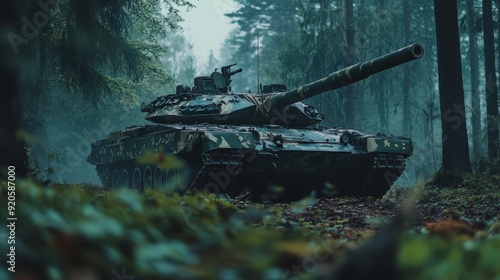 Military tank positioned in a misty forest, showcasing its rugged design and camouflage against the tranquil wilderness backdrop.