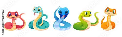 Cute snakes set. Chinese 2025 New Year symbol. Snake characters in different poses . Smiling kawaii serpent. Cartoon vector illustration isolated on white background