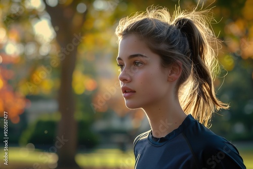 A young woman with long blonde hair tied back in a ponytail looks off to the side, with a blurred background of trees and bokeh.