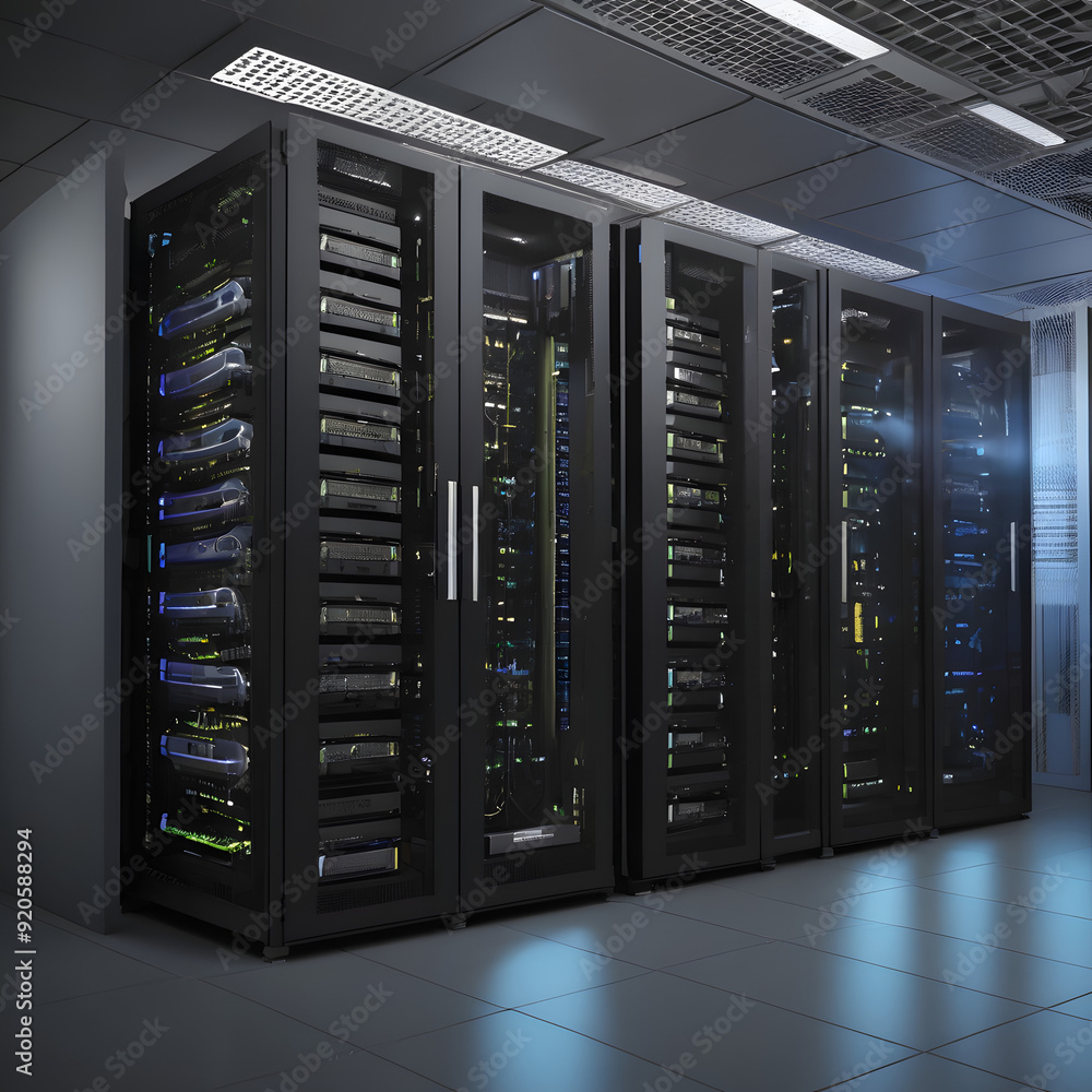 Servers racks walkthrough in Modern data center. Cloud computing datacenter server room. Cloud computing data storage 3d renderserver rack with servers,server rack with servers,server rack in a center Servers racks walkthrough in Modern data center. Cloud computing datacenter server room. Cloud computing data storage 3d renderserver rack with servers,server rack with servers,server rack in a center