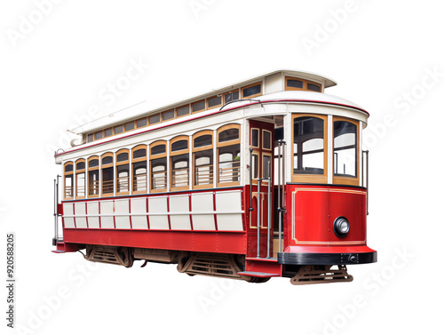 a red and white trolley car