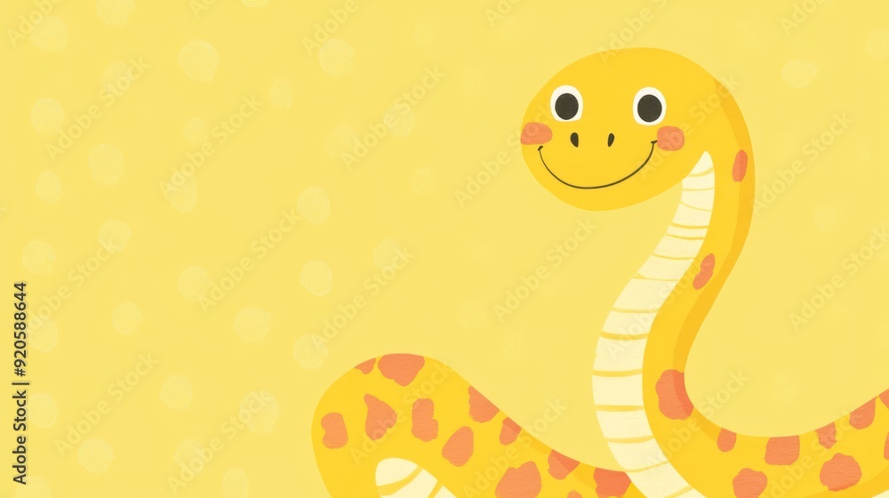Fototapeta premium A yellow snake with a smiling face on a yellow background with small white polka dots.