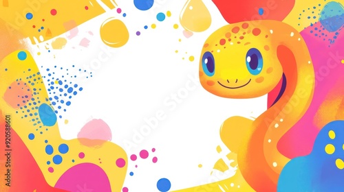 A cute yellow cartoon creature with blue eyes peeking out from a colorful background with abstract shapes and dots.