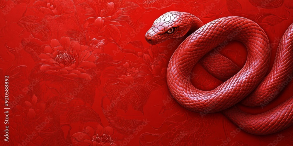 Fototapeta premium Chinese Zodiac Dynamic 3D Red Art Background for the Year of the Snake, Capturing the Essence of Mystical Elegance and Serene Power.