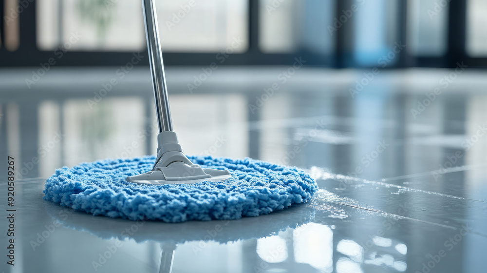 Closeup of a modern blue mop and bucket on gleaming clean floor photo advertisement style sunny daylight window and positive emotion colors clean up housekeeping maid house cleaning service copy space Closeup of a modern blue mop and bucket on gleaming clean floor photo advertisement style sunny daylight window and positive emotion colors clean up housekeeping maid house cleaning service copy space