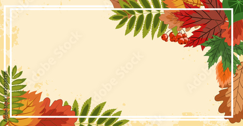 autumn square frame, lots of bright fallen leaves framed with an empty center on a light textured background. colorful vector illustration on an autumn theme