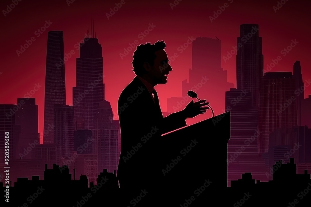 Silhouette of a Speaker Addressing a Crowd in a City Silhouette of a Speaker Addressing a Crowd in a City