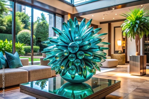 Vibrant teal-colored glass accents adorn a sleek metallic modern abstract sculpture, reflecting light and adding a touch of luxury to a contemporary decor setting. photo