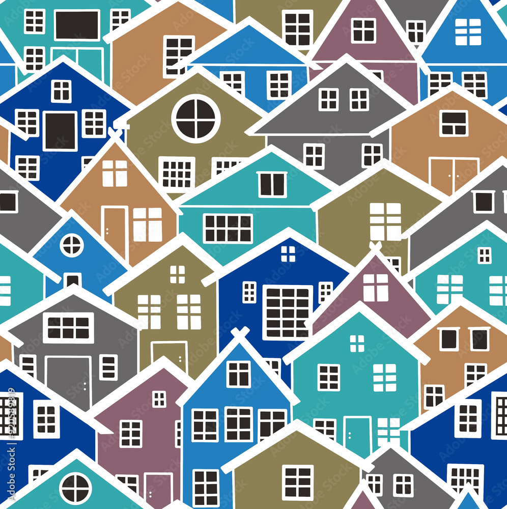 A color drawing of houses located close to each other.Seamless pattern. A color drawing of houses located close to each other.Seamless pattern.