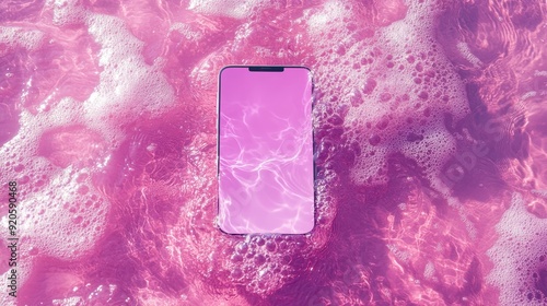 Smartphone with white empty screen against abstract pink color water,phone in water bubbles,phone sinks in water, New Electronic waterproof cellphone falling and dive with splashes. photo