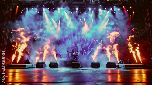 Empty Stage Prepared for a Rock Concert, Flames and Stage Smoke, Dramatic and Anticipatory Atmosphere