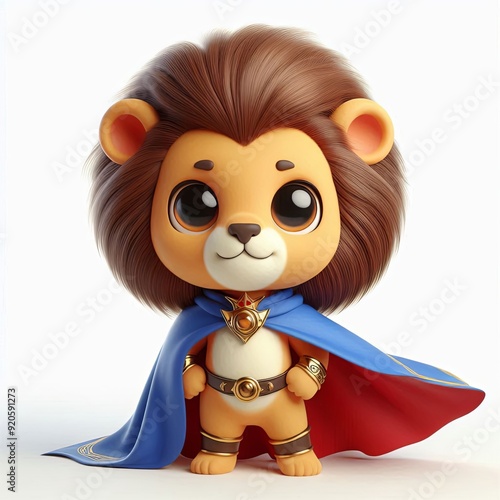 Cute Brave lion with a cape character 3d, Generative AI