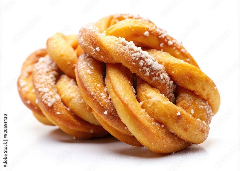 A vibrant, golden-brown, crispy fried dough twist, sprinkled with salt, sits alone on a clean white background, showcasing a savory and irresistible snack. A vibrant, golden-brown, crispy fried dough twist, sprinkled with salt, sits alone on a clean white background, showcasing a savory and irresistible snack.