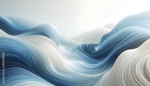 Abstract blue and white wave patterns flowing through a soft landscape background with gentle light