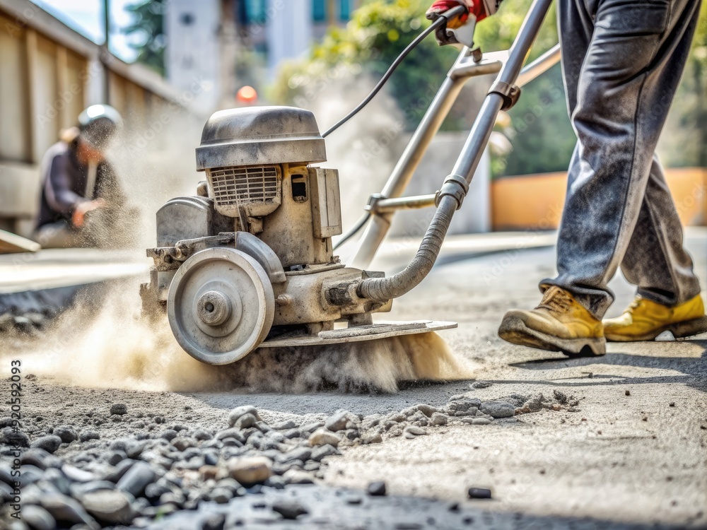 Close-up of a concrete grinder in action, kicking up dust and debris as it smooths out rough, textured pavement or floor surface.