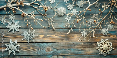 Frosted winter wonderland scene featuring intricate tree branches and delicate snowflakes on a rustic, weathered wooden background with a natural, organic texture. photo