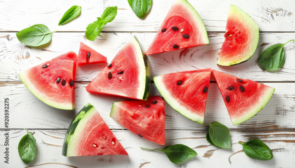 Fresh Sliced Watermelon on White Wooden Surface Fresh Sliced Watermelon on White Wooden Surface