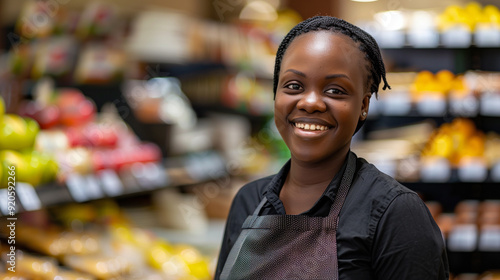 Smiling african american female seller in health food store