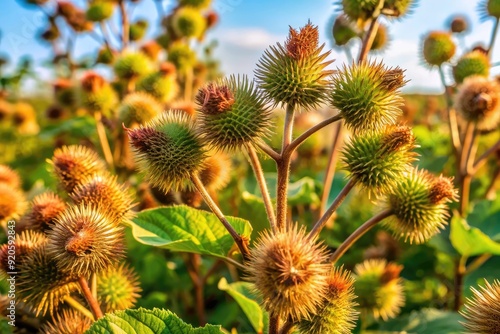 Dense cluster of prickly, brown cocklebur flowers and leaves growing amidst rough, dry underbrush in a neglected rural meadow on a warm summer day.