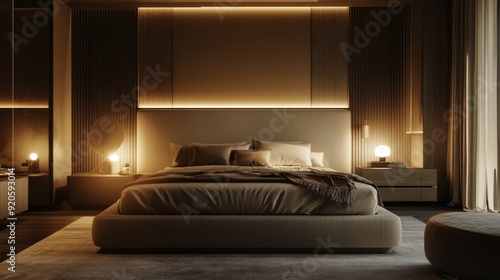 A modern bedroom with ambient lighting, neutral tones, and plush textures, designed to create a restful and soothing environment for sleep.