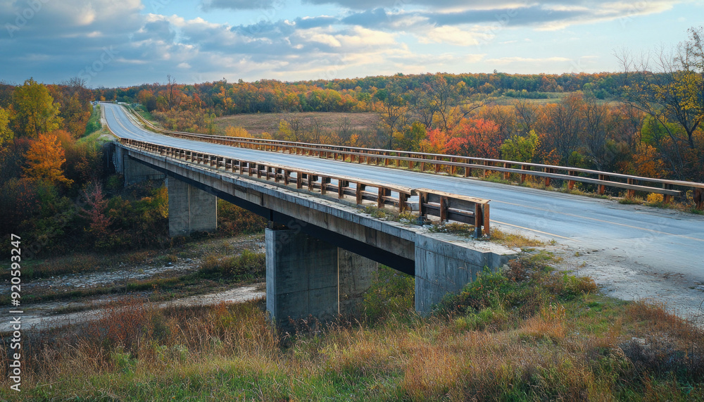 Empty country road crossing bridge in the fall season Empty country road crossing bridge in the fall season