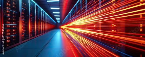 Dynamic light trails in a server room, with red and orange hues rushing towards the viewer, front view Emphasizes the speed of data transfer Advanced tone Analogous Color Scheme