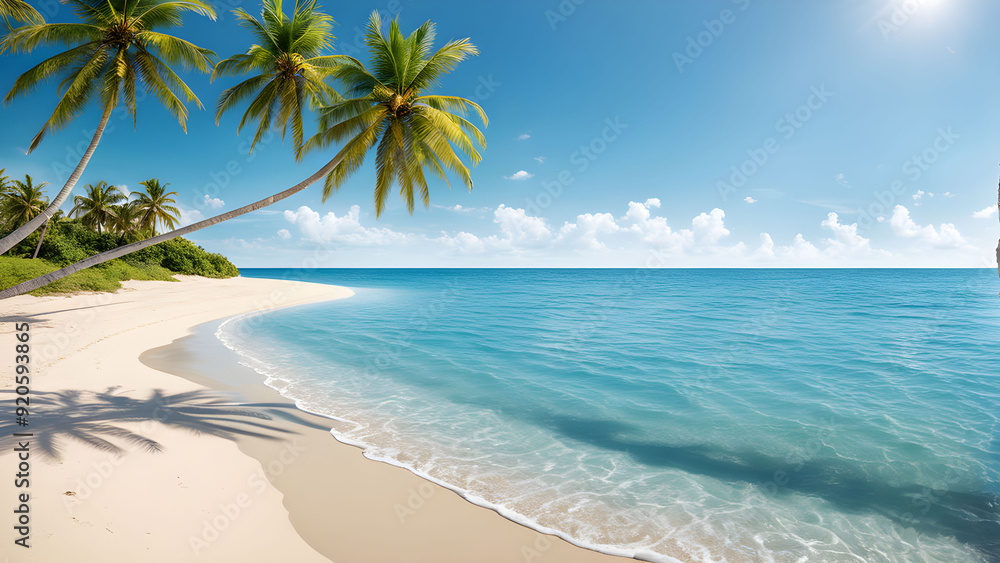 Peaceful Sunny Sand Beach With Palm Trees, Professional Photo Peaceful Sunny Sand Beach With Palm Trees, Professional Photo