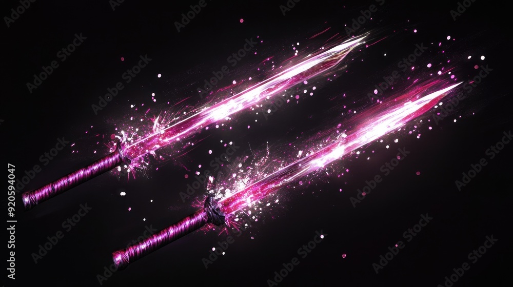 Two glowing swords with pink light trails on a black background. Two glowing swords with pink light trails on a black background.