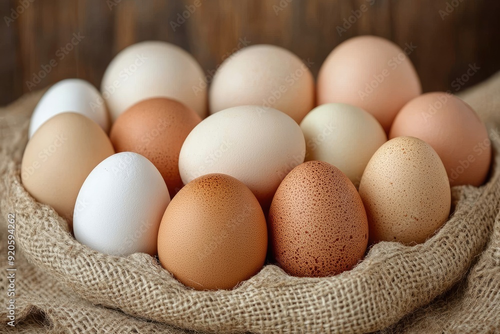 Fresh organic brown and white eggs lying on rustic sackcloth Fresh organic brown and white eggs lying on rustic sackcloth