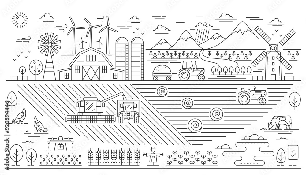 Obraz premium Line agriculture farm landscape, eco village plantation. Vector outline organic farm field with tractor harvesting crop plants, barn and windmill, vegetable garden and trees, road and wind turbines