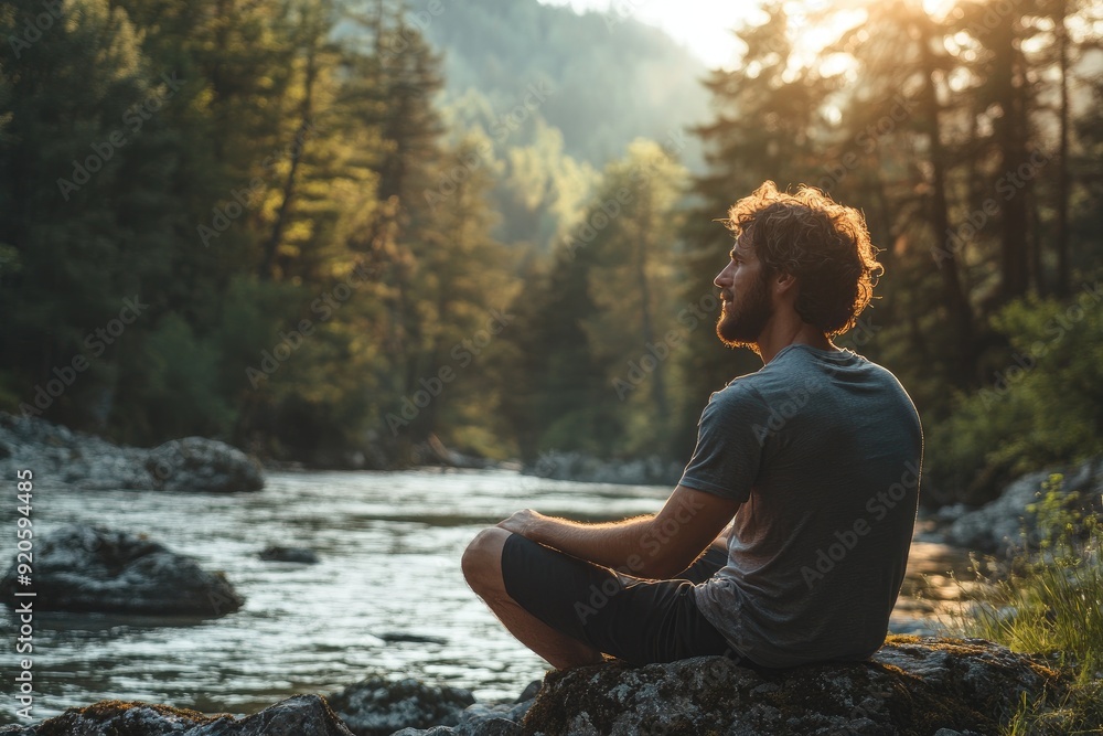Young man meditating by the river at sunset enjoying nature Young man meditating by the river at sunset enjoying nature