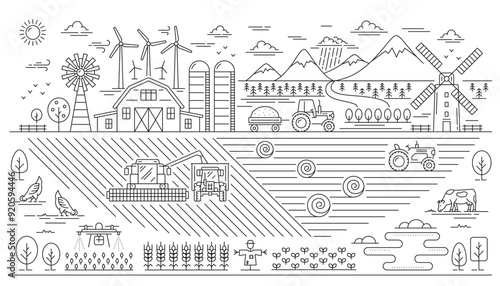 Wallpaper Mural Line agriculture farm landscape, eco village plantation. Vector outline organic farm field with tractor harvesting crop plants, barn and windmill, vegetable garden and trees, road and wind turbines Torontodigital.ca