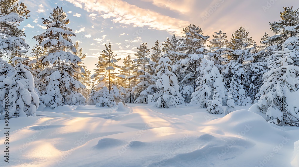 A serene and lovely winter picture with tall pines and unspoiled snowbanks A serene and lovely winter picture with tall pines and unspoiled snowbanks