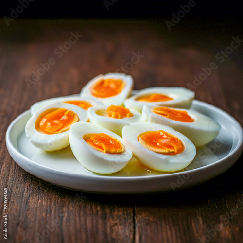 Boiled eggs on white plate.