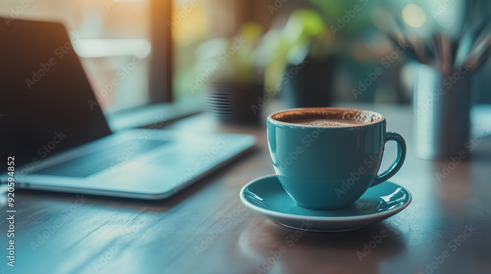 A cup of coffee and laptop on a table in a cafe, working from home in the style A cup of coffee and laptop on a table in a cafe, working from home in the style