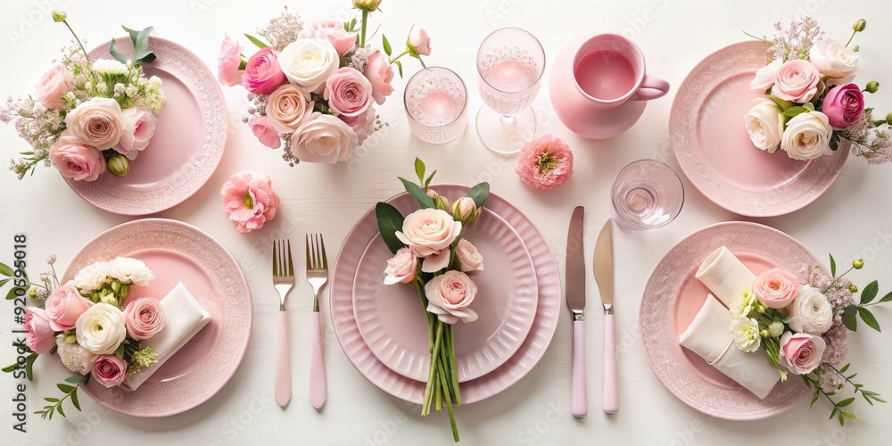 Flat lay of a pastel pink table setting with decorative vases, fresh flowers, and elegant place settings against a soft, white background. Flat lay of a pastel pink table setting with decorative vases, fresh flowers, and elegant place settings against a soft, white background.