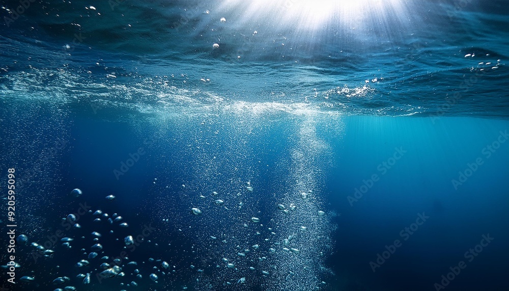 Obraz premium Underwater view with bubbles rising to the surface in a deep blue ocean. The image captures the serenity and mystery of the underwater world