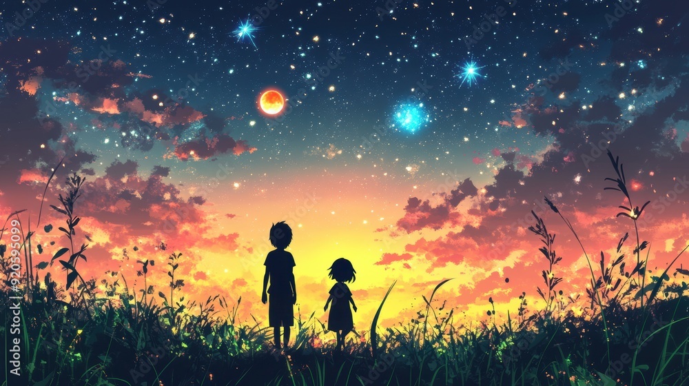 Children Gazing at a Starry Sky with Planets and Colorful Sunset Horizon in the Wilderness Children Gazing at a Starry Sky with Planets and Colorful Sunset Horizon in the Wilderness