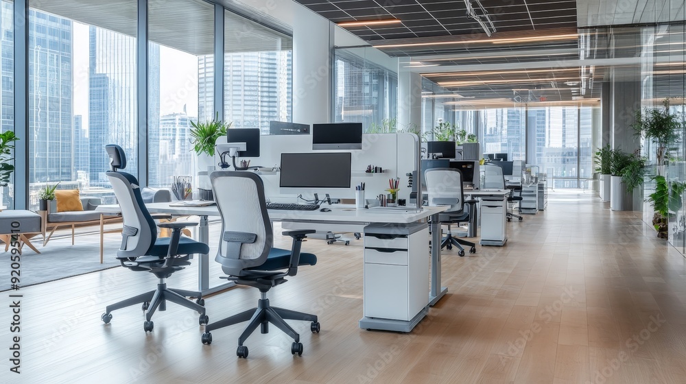 A modern corporate workspace with ergonomic chairs, standing desks, and collaborative zones, designed to promote employee well-being and efficiency. A modern corporate workspace with ergonomic chairs, standing desks, and collaborative zones, designed to promote employee well-being and efficiency.