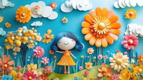 Colorful 3D Paper Art Landscape with Happy Girl in Flower Field on a Sunny Day