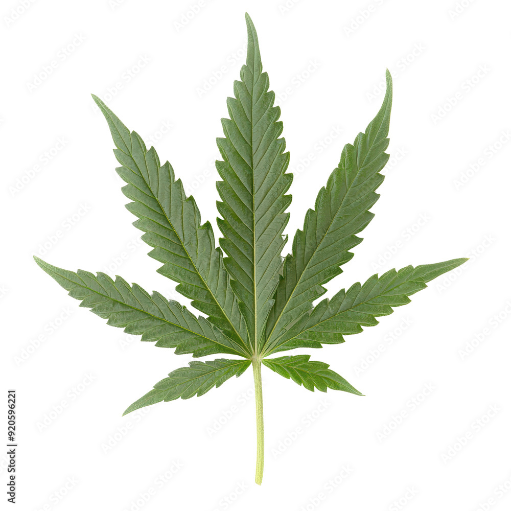 A single green cannabis leaf isolated on a black background.