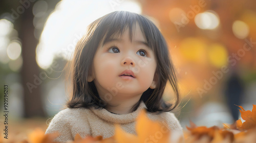 Cute little Asian girl, Chinese or Japanese female child kid or toddler with a curious pensive look watching and playing in nature outside in an autumn park sitting in yellow leaves fall season fun 