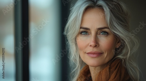 Confident stylish european mature middle aged woman standing at workplace. Stylish older senior businesswoman, 60s gray-haired lady executive leader manager looking at camera in office, portrait.