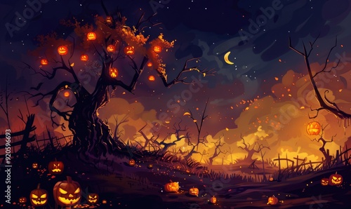 Wallpaper Mural tree decorated with lights and pumpkins in moon night  halloween day Torontodigital.ca